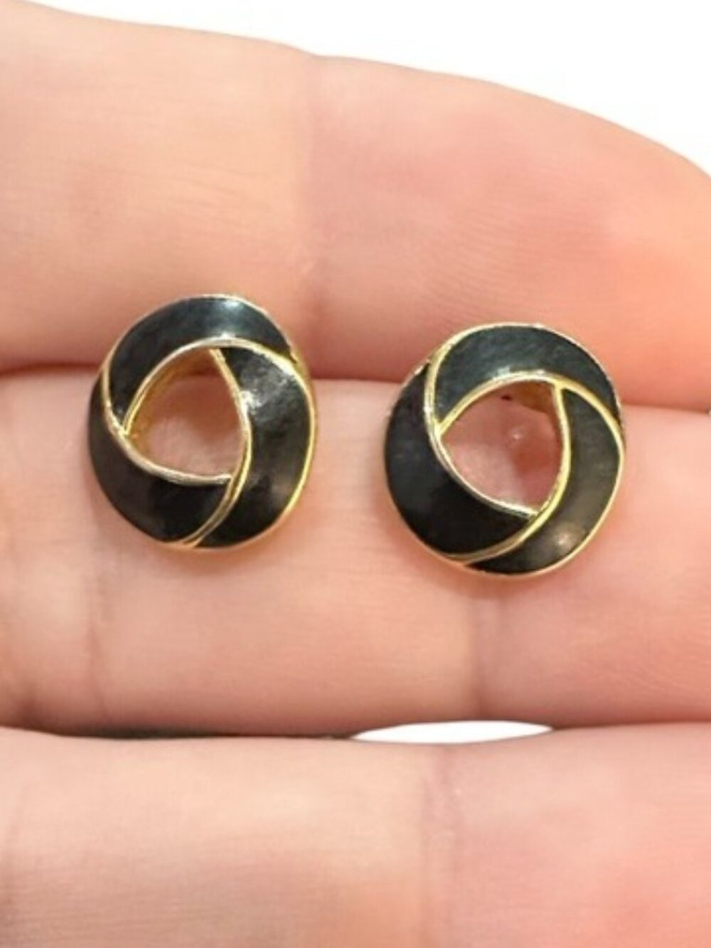 Trifari Earrings Black Enamel Gold Tone Signed Costume Jewelry Vintage Womens